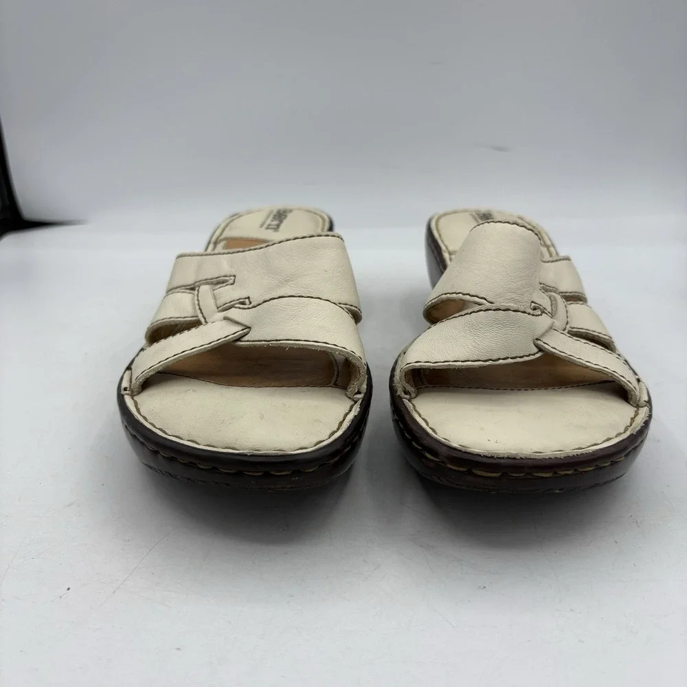 Born Sandals Womens Size 7 Leather Slide Mule‎ Wedge White Strappy